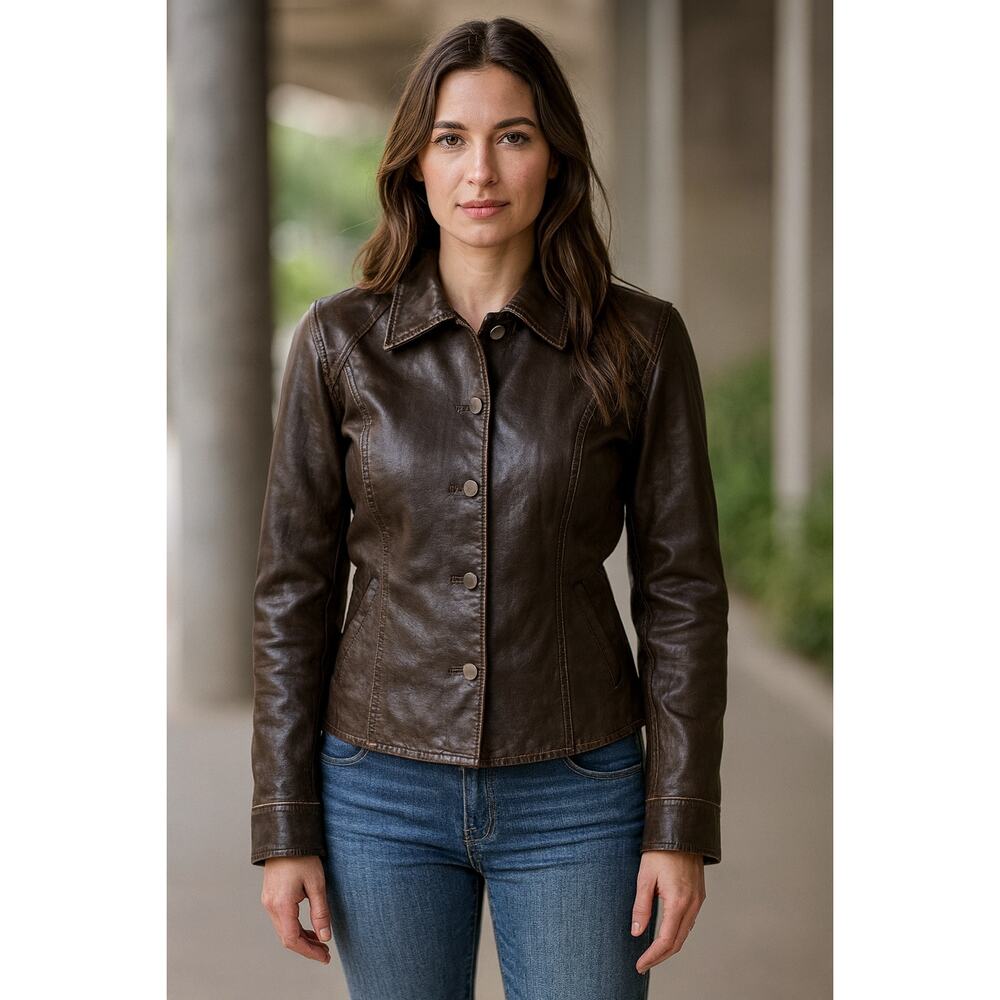 Vintage Y2K Faux Leather Dark Brown Structured Moto Jacket S Pockets Biker Cool‎